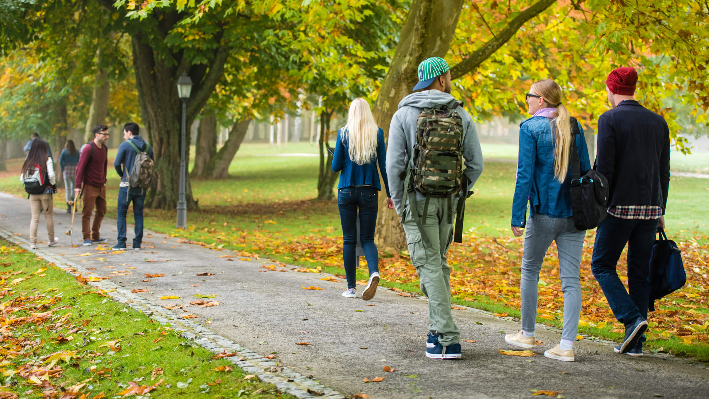Students walking on a college campus.
