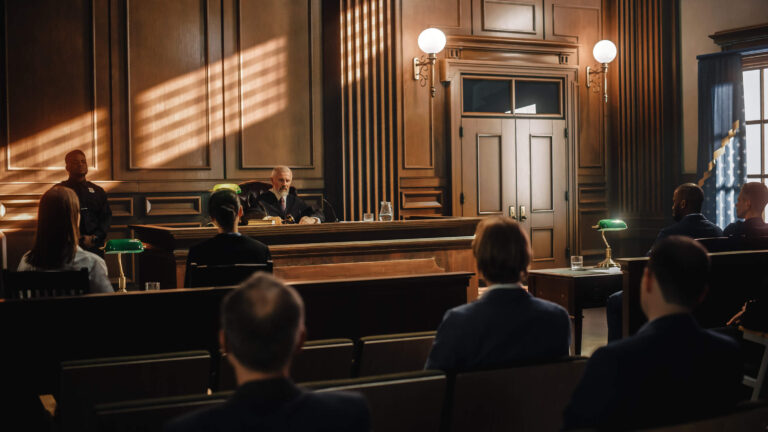 Court of Justice Trial: Impartial Judge is Sitting, Public Stands. Supreme Federal Court Judge Starts Civil Case Hearing. Sentencing Law Offender.