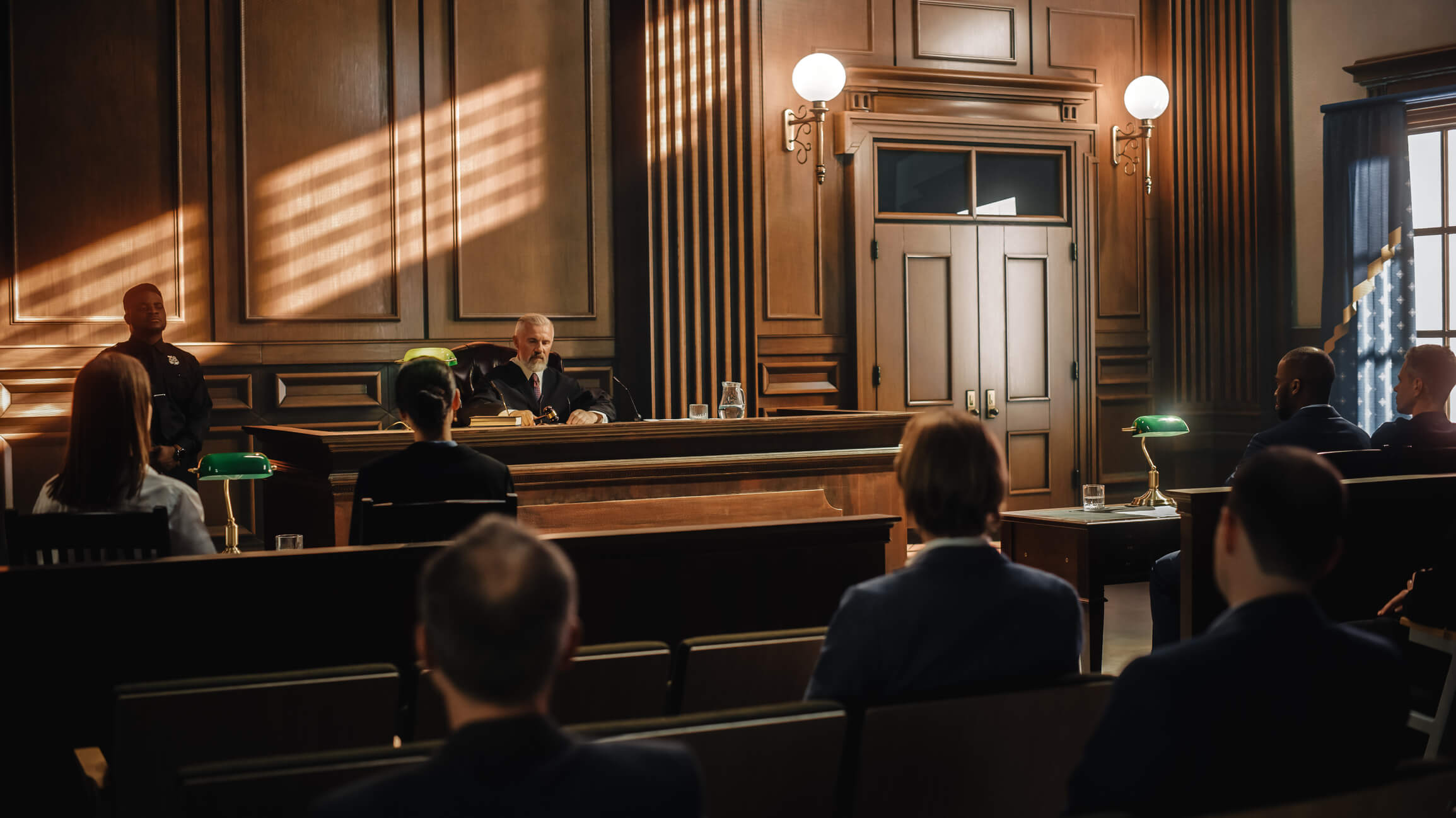 Court of Justice Trial: Impartial Judge is Sitting, Public Stands. Supreme Federal Court Judge Starts Civil Case Hearing. Sentencing Law Offender.