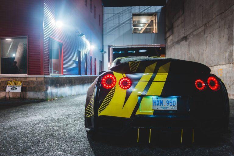 Sports car at night on a city street